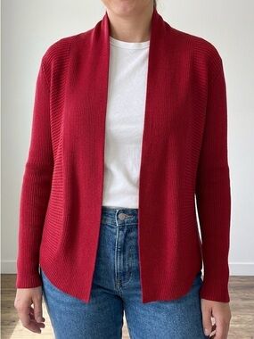 Roz & Ali Red Ribbed Open-Front Cardigan Sweater Medium Knit Soft Layering EUC